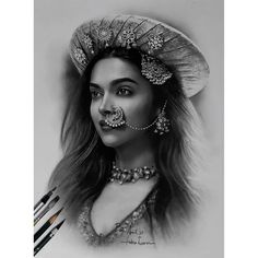 a pencil drawing of a woman with jewelry on her face