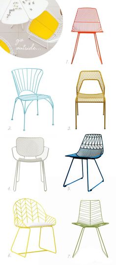 four different types of chairs and tables in various colors, with the names on them