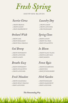 10 Spring Diffuser Blends Refreshing Diffuser Blends, Clean Smelling Diffuser Blends, Fresh Diffuser Blends, Spring Essential Oil Blends, Blends Chart, Scent Recipes, Spring Diffuser Blends, Diffuser Scents, Doterra Recipes