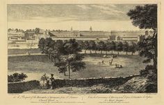 an old drawing of a park with people and horses