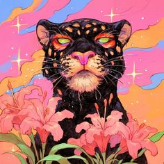 a painting of a black cat with bright eyes and pink flowers in the foreground