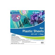 plastic sheets for crafting, including purple and blue flowers with the words hello on them