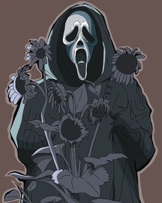 a person in a black hooded jacket holding flowers with their mouth open and the hood on