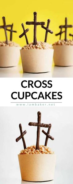 three small cups with crosses in them and the words cross cupcakes on top