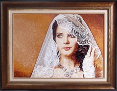 a painting of a woman wearing a veil and holding her hand up to her ear