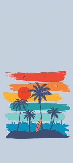 a painting with palm trees and surfboards on it