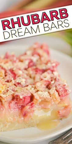 a white plate topped with a slice of rhubarb dream bars