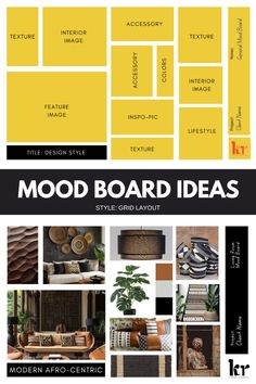 Grid-style mood board template and example. Using inspirational (interior and non-interior) images, textiles, color schemes, furniture, and accessories helps tell a story of what energy or mood you are trying to convey. *This board was created with Canva. Interior Design Template Layout, Mood Board Layout Templates, Interior Design Mood Board Layout, Mood Board Template Layout, Industrial Mood Board Interior Design, Interior Design Mood Board Presentation, Material Mood Board Interior Design, Sample Board Interior Design, Physical Mood Board