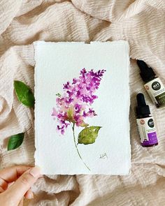 a painting of purple flowers on a white sheet next to green leaves and bottles of essential oils