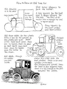 an old time car is shown with instructions for how to draw it