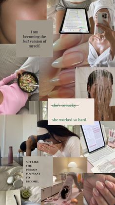 a collage of photos with words and pictures on them, including an image of a woman using her cell phone