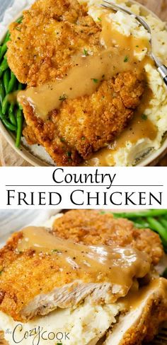 two pictures of chicken with gravy on top and green beans in the bottom