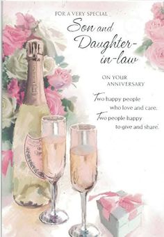 a card with two champagne glasses next to a bottle of wine and pink roses on it