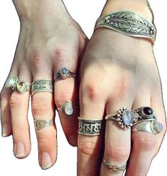 Many Rings On Hand, Silver Rings On Hand, Silver Boho Rings, Silver Gemstone Rings, Silver Boho Jewelry, Grunge Jewelry, Estilo Hippy, Rings Sterling Silver