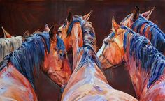 three horses standing next to each other in a painting