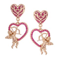 "Cupid's Love" Pink Valentine Heart Earring by Ritzy Couture DeLuxe - Rose Gold Plating  Mesmerize the hearts of people with our Pink Valentine Heart Earring!  Plated with rose gold, this heart earring is part of our "Cupid's Love" collection and is designed for those who want to exude a loving aura that's bursting with passion. Each earring weighs 9 grams each and you can select your order as a post or clip. No matter what you choose, you'll captivate the hearts of many with an original style t Cupid Accessories, Cupid Jewelry, Vday Jewelry, Ca Cupid, Pink And Gold Earrings, Valentines Accessories, Cupid Love, Heart Clip, Heart Accessories