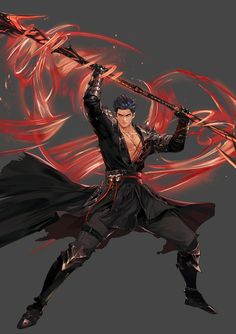 an anime character holding two swords in his hands and wearing black clothes with red flames behind him