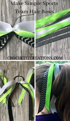 Easy Way to Make Ponytail Bows - Crochet It Creations How To Make Ponytail Bows, Hair Streamers Ponytail Holders, Softball Hair Streamers, Sport Hair Ribbons, Spirit Bows Diy, Team Bows Diy, How To Make Soccer Hair Ribbons, Ribbon Hair Ties For Sports, Streamer Hair Bows Diy