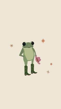 a frog wearing boots and holding a pink umbrella with stars around it on a beige background