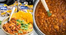 a pot filled with beans and rice next to other foods