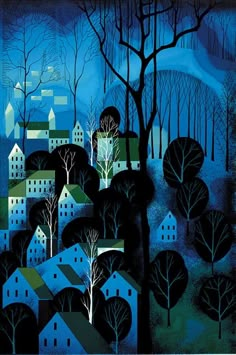 a painting of houses and trees in the night