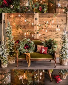 christmas decorations are displayed in front of a wooden wall with lights and garlands on it