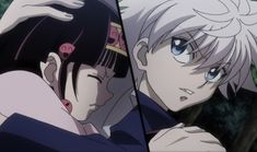 two anime characters one with white hair and the other with blue eyes looking at each other