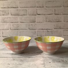 New, Set Of 2, Ceramic, Pink & White Gingham Bowls, Lemon Print Inside. Dishwasher & Microwave Safe. Lemon Print, Soup Bowls, At The Top, New Set, Soup Bowl, Pink Yellow, Shop House, Gingham, Pink White