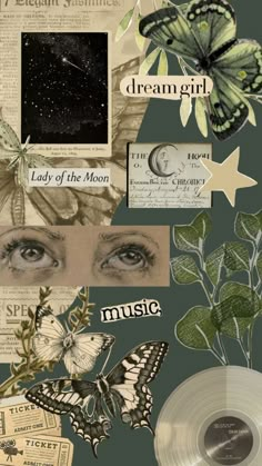 a collage of images with butterflies, music and other things on it's side