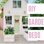 a white house with pink lettering that says diy garden beds