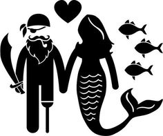 a black and white silhouette of a man and woman holding hands with a mermaid tail