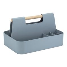 a gray desk caddy with two compartments and a wooden handle