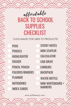 the back to school supplies checklist is shown with red and white circles on it