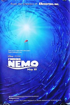 the finding nemo movie poster is shown in blue water with school of fish around it