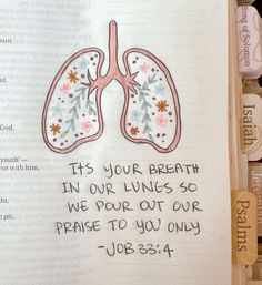 an open book with a drawing of the lungs and bible verse on it's page