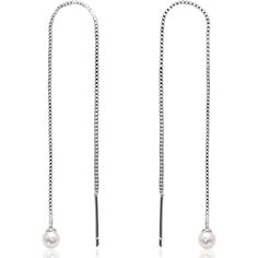 PRICES MAY VARY. STYLISH DESIGN - These stylish dangle pearl earrings for women can be styled as simple pearl drop earrings, or worn as double piercing earring threaders. Featuring hanging simulated pearls, these thread drop earrings are the perfect pair of silver pearl earrings for any occasion. SUPERIOR QUALITY - Every detail has been fine-tuned for maximum quality, longevity, and comfort. Approximate Measurements: 4.5 inch total length with 4mm dangling stones. Hypoallergenic chain plated in Classic Silver Threader Earrings As Gift, Elegant Silver Threader Earrings, Elegant Threader Earrings With Box Chain For Gift, Elegant Box Chain Threader Earrings For Gift, Formal Threader Earrings With Adjustable Chain, Elegant Adjustable Threader Earrings, Silver Earrings With Delicate Chain For Formal Occasions, Formal Silver Earrings With Delicate Chain, Elegant Adjustable Nickel-free Threader Earrings