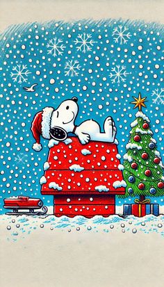 a drawing of a snoopy dog laying on top of a christmas tree in the snow