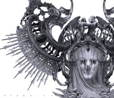 an artistic image of a woman with her head covered in metal spikes and skulls, surrounded by other art work