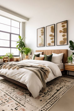 Discover the tranquility of this Urban Boho Bedroom. The perfect blend of earthy tones and lush greenery creates a serene escape in the heart of the city. Brown Bed Decor Ideas, Organic Modern Mens Bedroom, Clean Rustic Bedroom, Mens Bedroom With Plants, Wood Headboard Bedroom Decor, Bedroom Inspirations Earth Tones, Boho Bedroom Dark Wood, Earth Tones Bedding, Olive Green Boho Bedroom