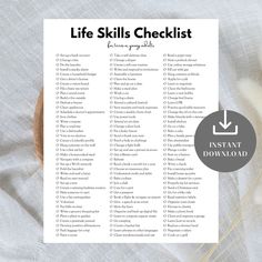 a printable life skills checklist on top of a white cloth with a wooden spoon