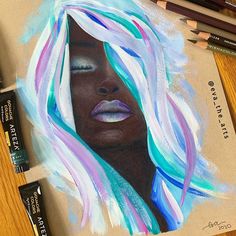 a drawing of a woman's face with pastel hair