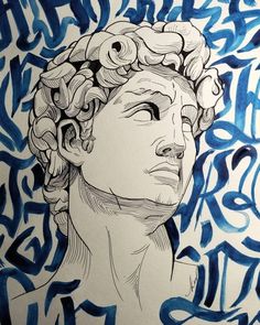 a drawing of a man's head with curly hair and blue ink on paper