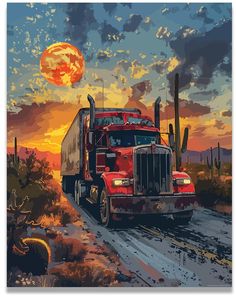 a painting of a red semi truck driving down a dirt road at sunset with the sun in the background