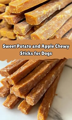 sweet potato and apple chewy sticks for dogs on a white plate with the words sweet potato and apple chewy sticks for dogs