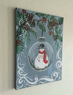 a painting of a snowman in a glass ball hanging on the side of a wall