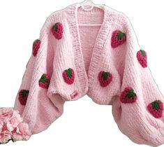 Strawberry Cardigan, Trendy Sweater, Hand Knitted Jumpers, Woman Hand, Pink Strawberry, Trendy Sweaters, Stylish Clothes, Gift For Woman, Sweater Gift