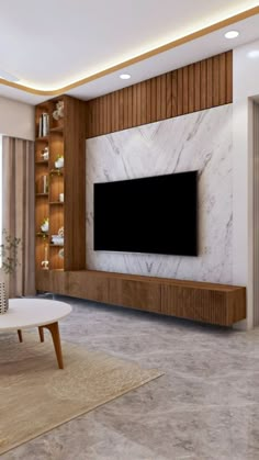 a living room with a large tv mounted on the wall and wooden shelves in front of it