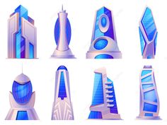 a set of nine futuristic buildings in blue and white