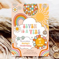 a colorful birthday party card with flowers and rainbows