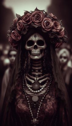 a skeleton with flowers on its head and veil is standing in front of a group of people